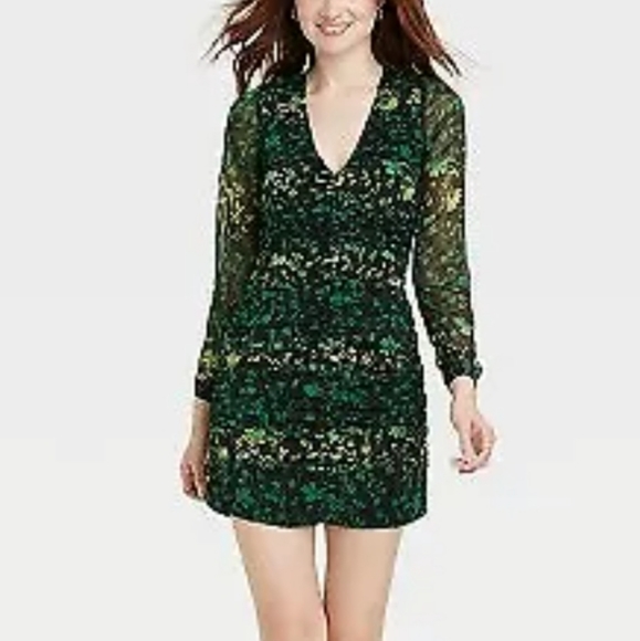 NWT A New Day Green Black Floral Ruched Front Bodycon Mini Dress Size XL - Picture 1 of 10